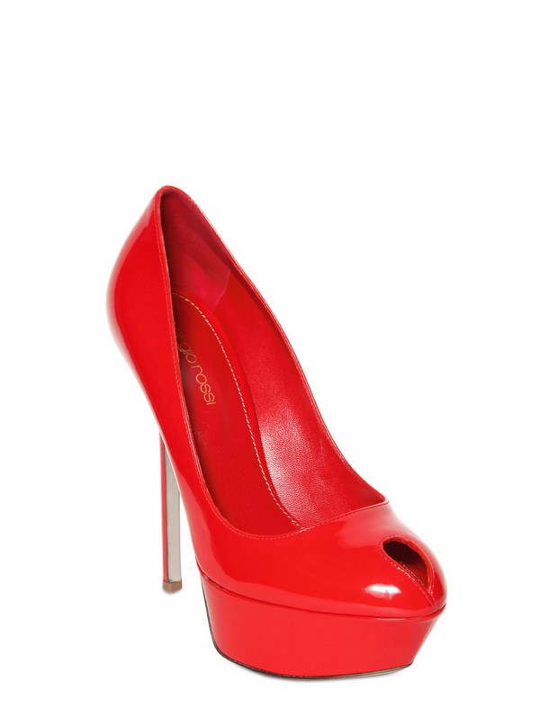 Cachet red patent platform pumps 