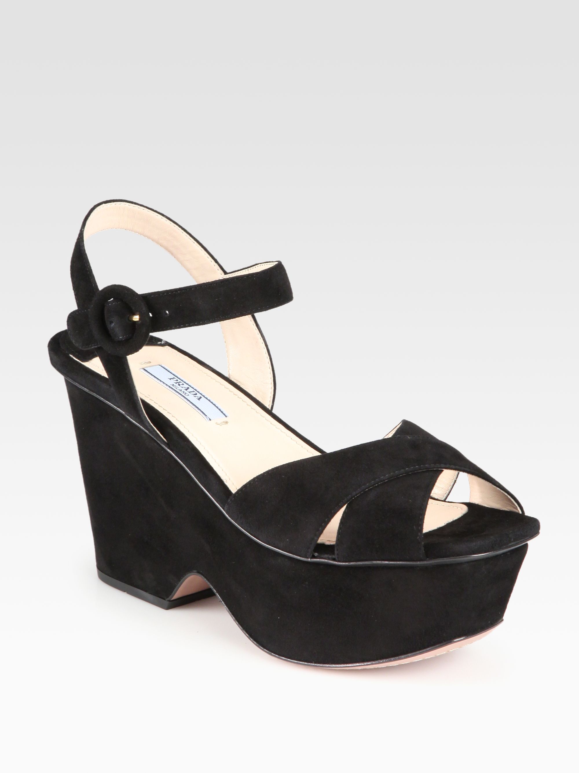 Prada Suede Platform Cutout Wedges In Black Lyst