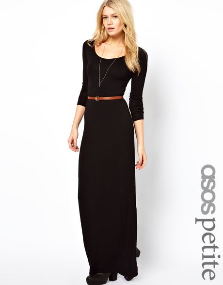 Asos Petite Exclusive Long Sleeve Maxi Dress with Belt in Black