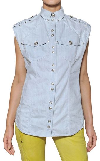 Balmain Washed Cotton Denim Sleeveless Shirt - Lyst
