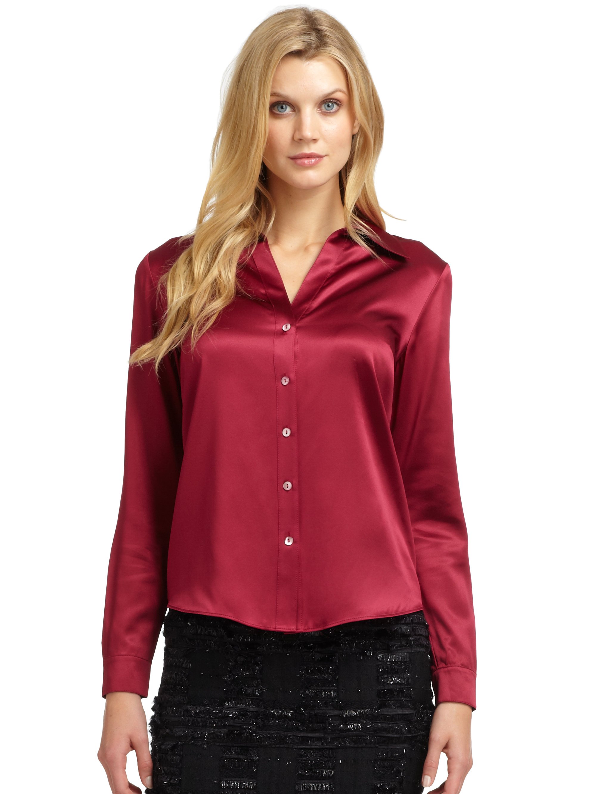 Lafayette 148 New York Silk Satin Blouse In Red Berry Lyst