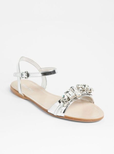 Miu Miu Ankle Strap Jewel Sandal in Silver | Lyst