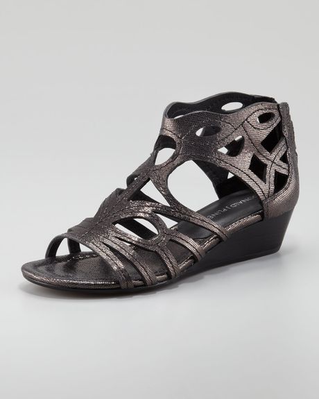... Metallic Cutout Low Wedge Sandal Blackpewter in Black (BLACKPEWTER