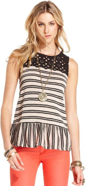 Free People Sleeveless Highneck Floralcrochet Striped Peplumhem - Lyst