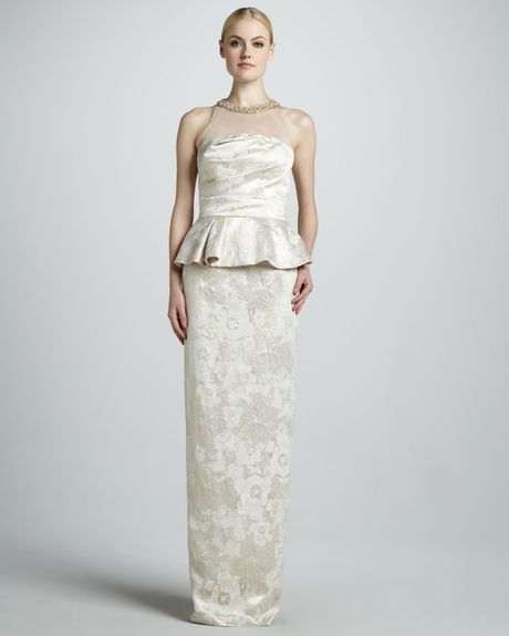 David Meister Sleeveless Illusion Peplum Gown in White (WHITEGOLD)