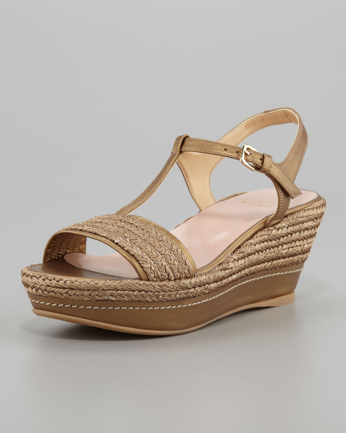 Stuart Weitzman Flatty Metallic Raffia Flatform Wedge Sandal in Gold ...