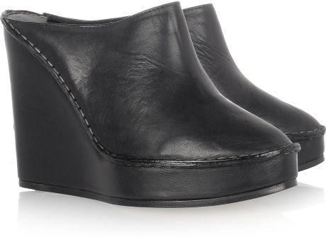 black leather wedge mules