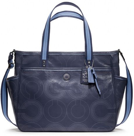 Coach Baby Bag Stitched Patent Tote in Blue (silvernavy)