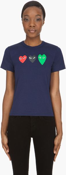 Comme Des Garçons Navy Triple Heart Emblem Tshirt - Lyst