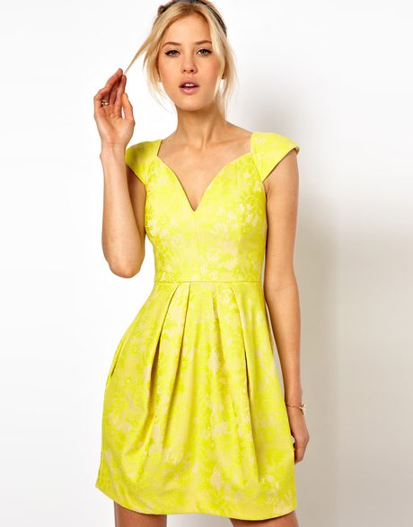 Asos Lace Skater Dress with Sexy Neck in Yellow (yellownude) | Lyst