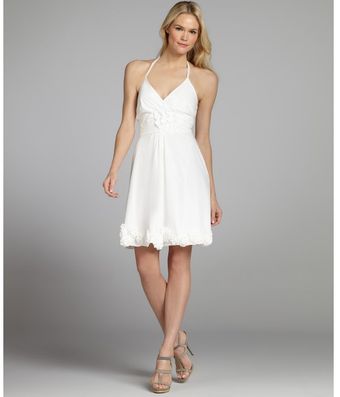 Vera Wang Lavender White Pleated Cotton Woven Rosette Halter Dress - Lyst