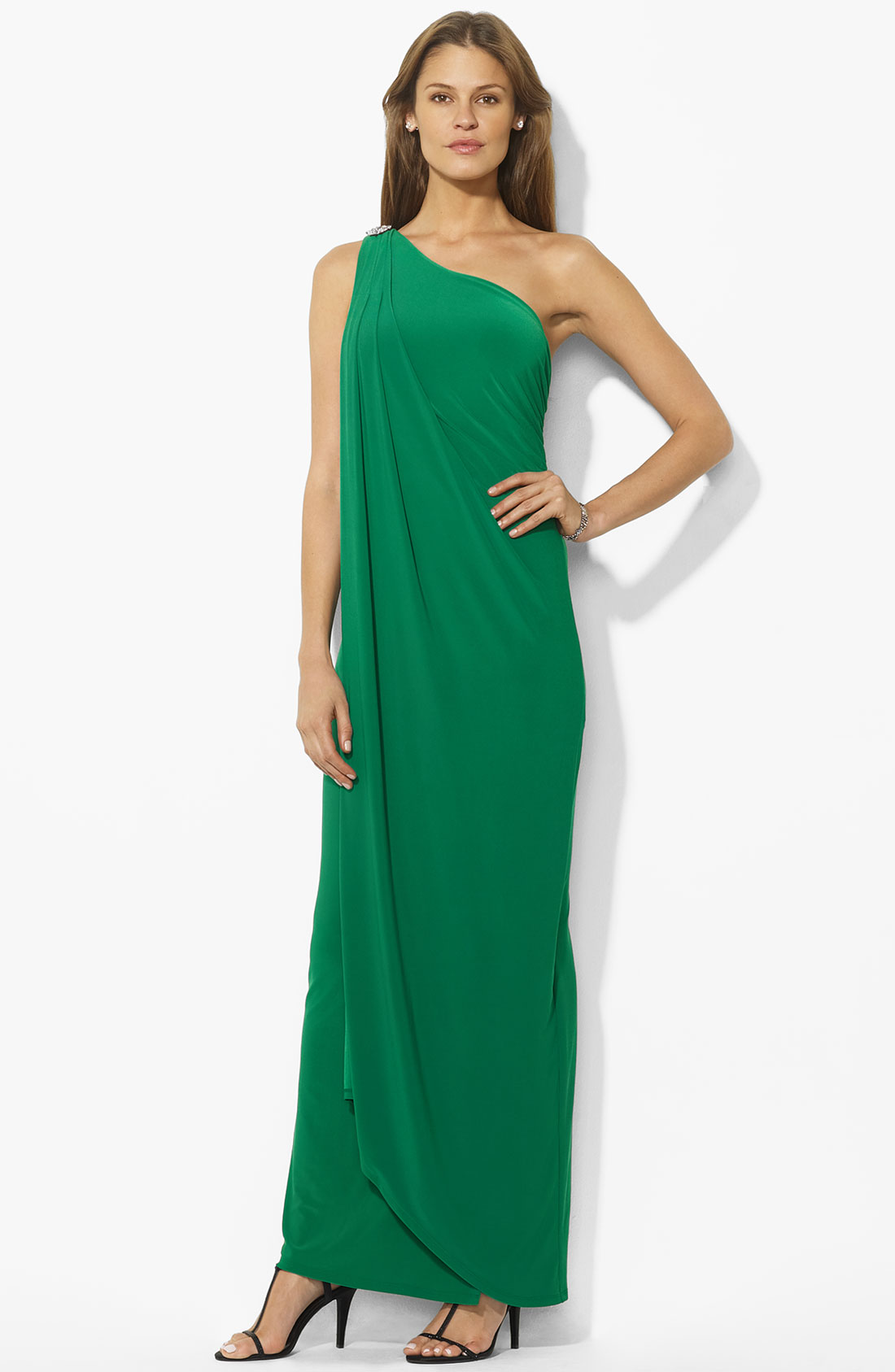 Lauren By Ralph Lauren Embellished One Shoulder Gown in Green (emerald 