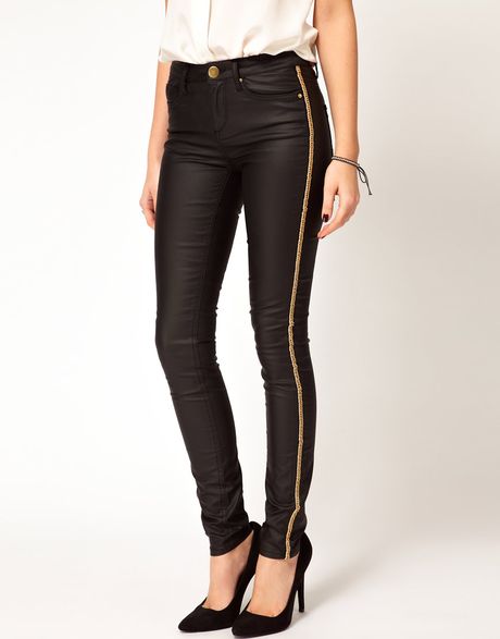 Asos Asos Waxed Skinny Jeans with Chain Side Embellishment in Black - Lyst