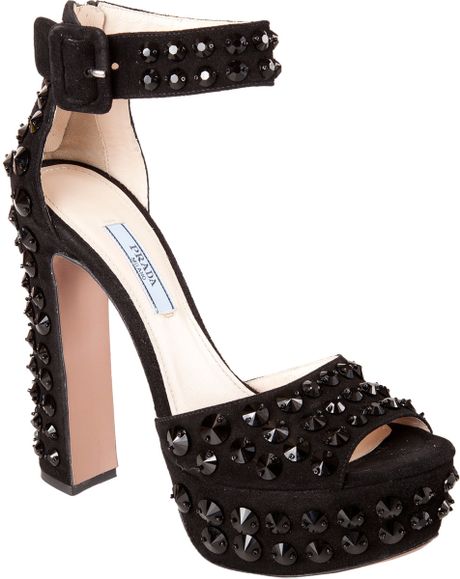 Prada Peep Toe Jeweled Platform Sandals in Black | Lyst