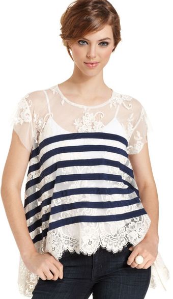 BCBGMAXAZRIA Short Sleeve  Lace Striped Top - Lyst