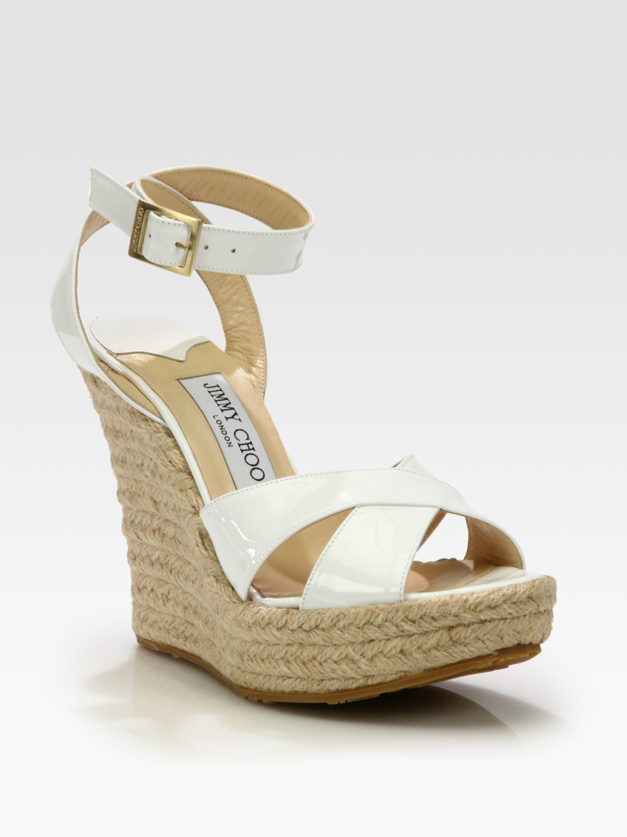 Jimmy Choo Pheonix Patent Leather Espadrille Wedge Sandals in (white) | Lyst