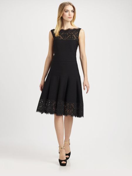 Tadashi Shoji Lacetrimmed Pintuck Dress In Black Lyst 9142