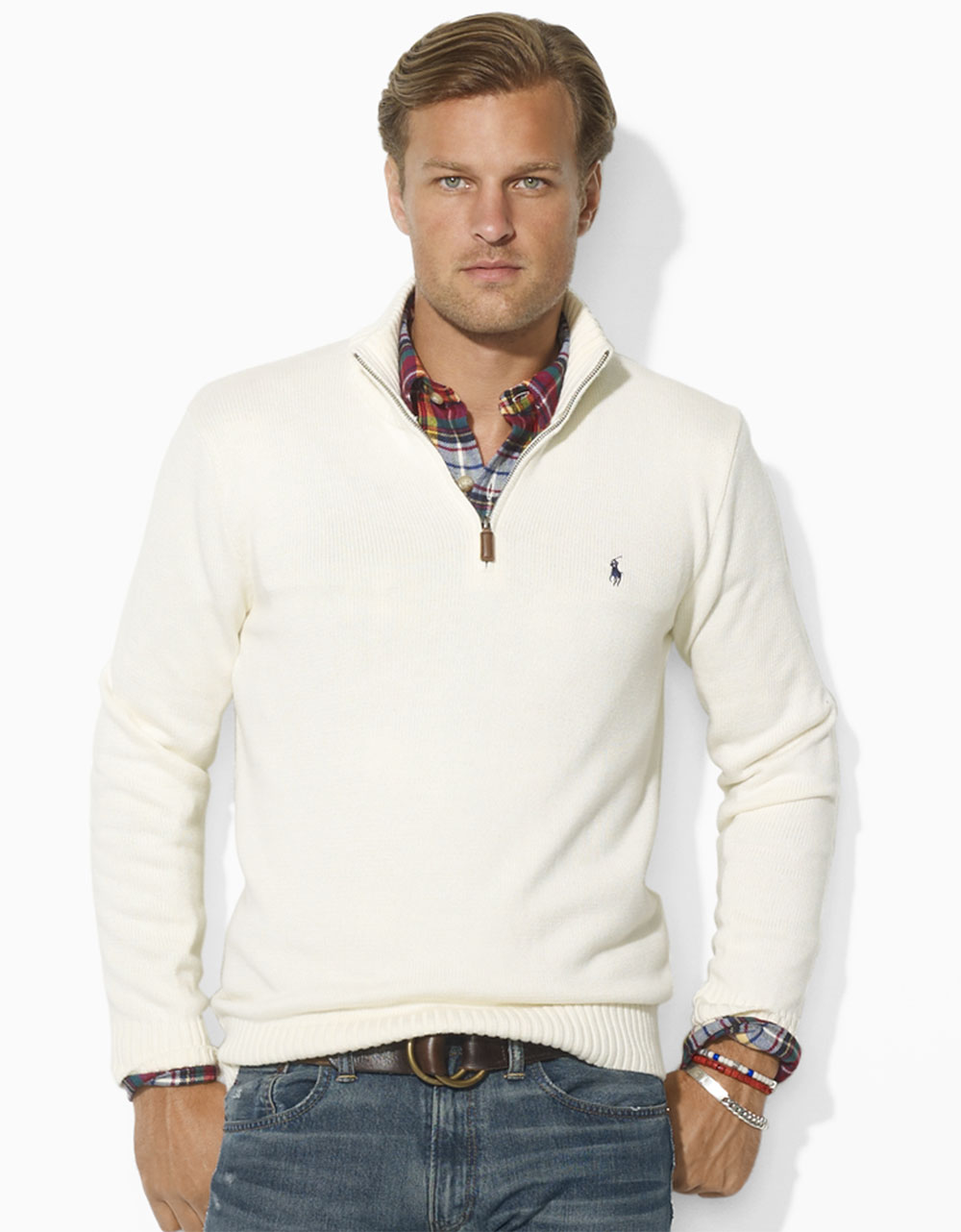 Polo Ralph Lauren Long Sleeved Cotton Half Zip Sweater in Beige for Men
