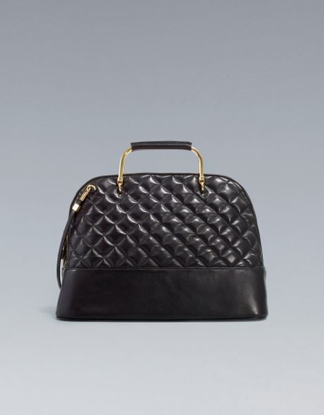 Zara City Bag with Quilted Metal Handles in Black