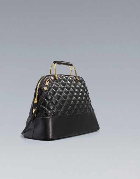 Zara City Bag with Quilted Metal Handles in Black