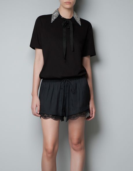 Zara Top with Jeweled Collar in Black | Lyst