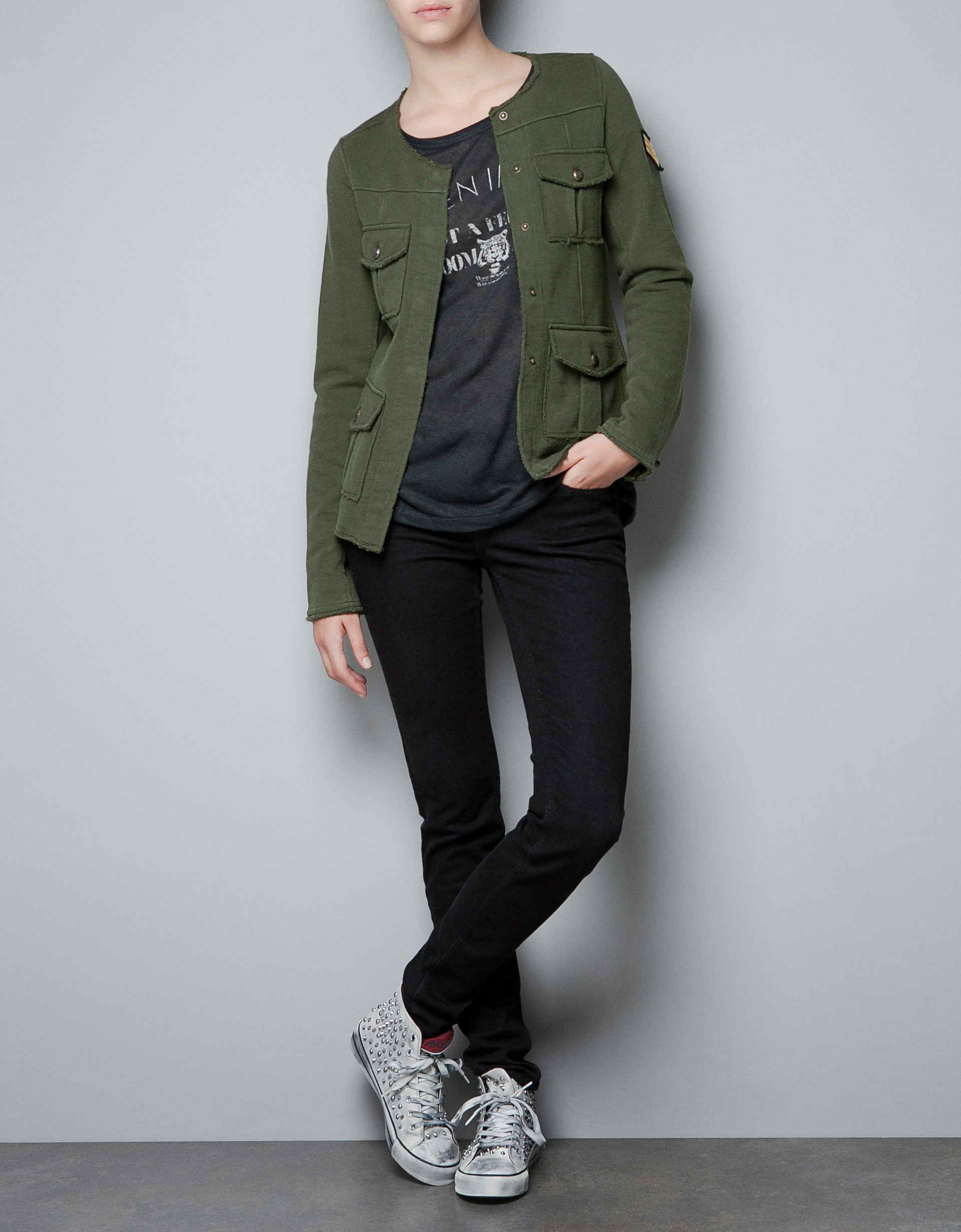 Zara Velour Jacket with Pockets in Khaki (dark khaki) Lyst