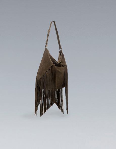 Zara Fringed Bucket Bag in Khaki | Lyst