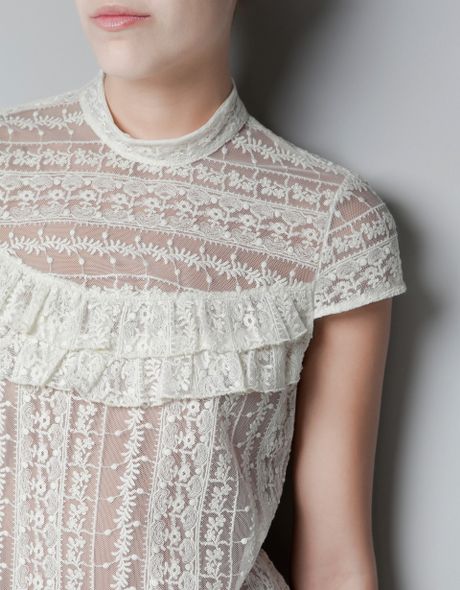 Zara Sheer Lace Blouse With Ruffles In White Off White Lyst