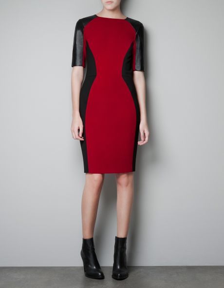 Zara Bodycon Dress With Leather Details In Red Maroon Lyst