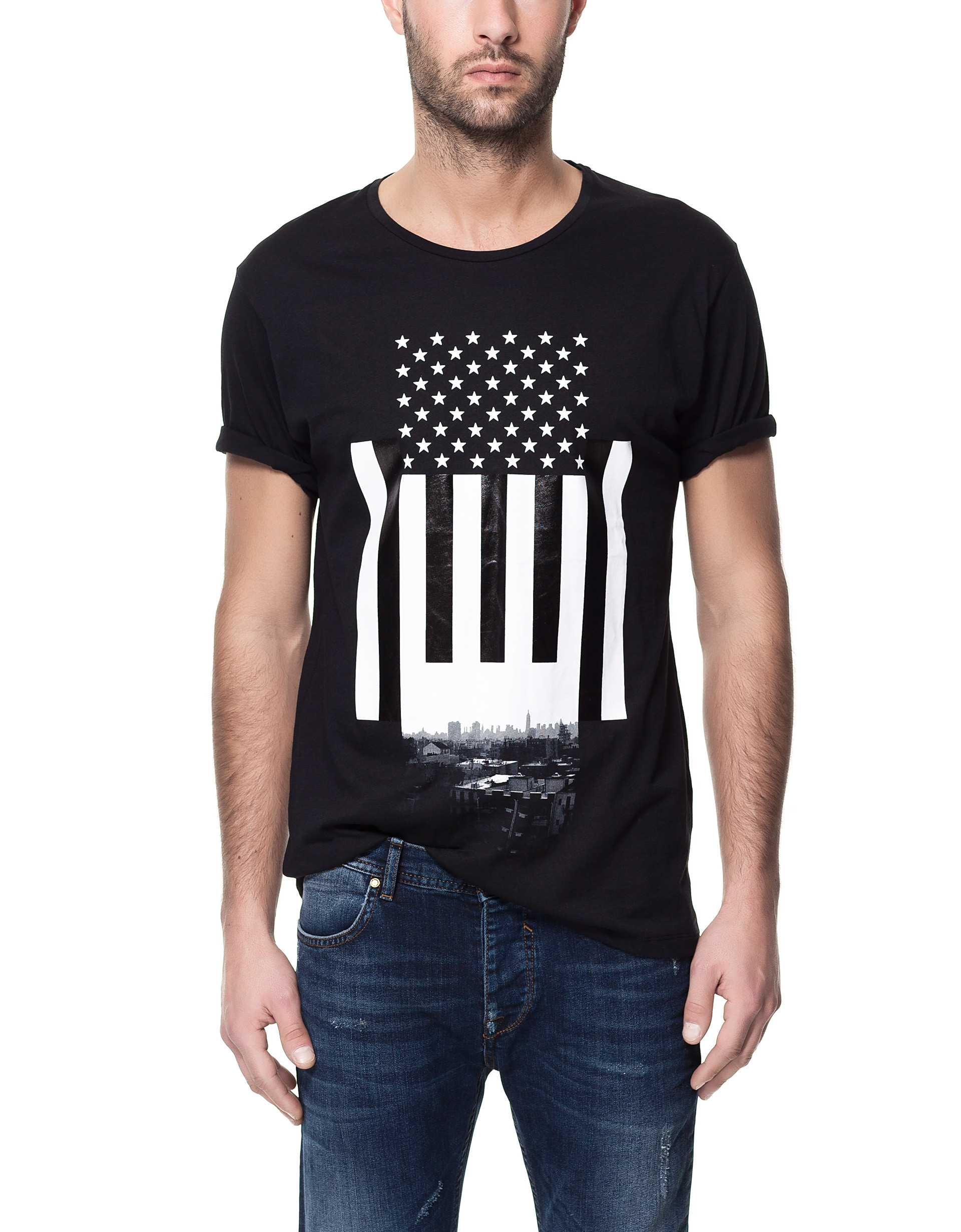 Zara Usa Flag Print T-shirt in Black for Men | Lyst