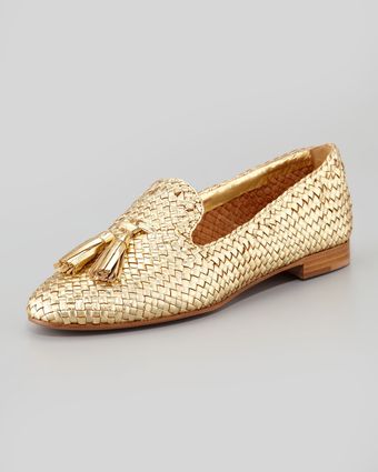 Prada Madras Metallic Woven Leather Tassel Loafer - Lyst