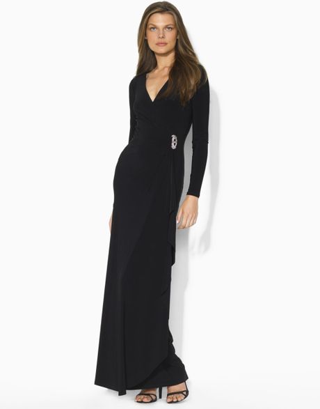 Lauren By Ralph Lauren Pascha Long Evening Brooch Dress in Black