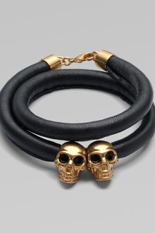 Alexander McQueen Double Skull Leather Wrap Bracelet - Lyst