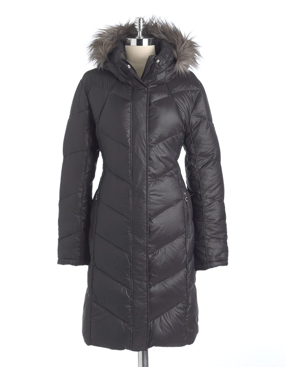 calvin klein long coat down with faux fur hood