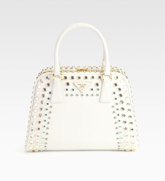 Prada Saffiano Vernice Embellished Frame Pyramid Top Handle Bag - Lyst