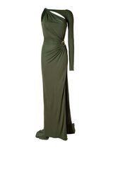 Emilio Pucci Olive Draped One Sleeve Jersey Gown