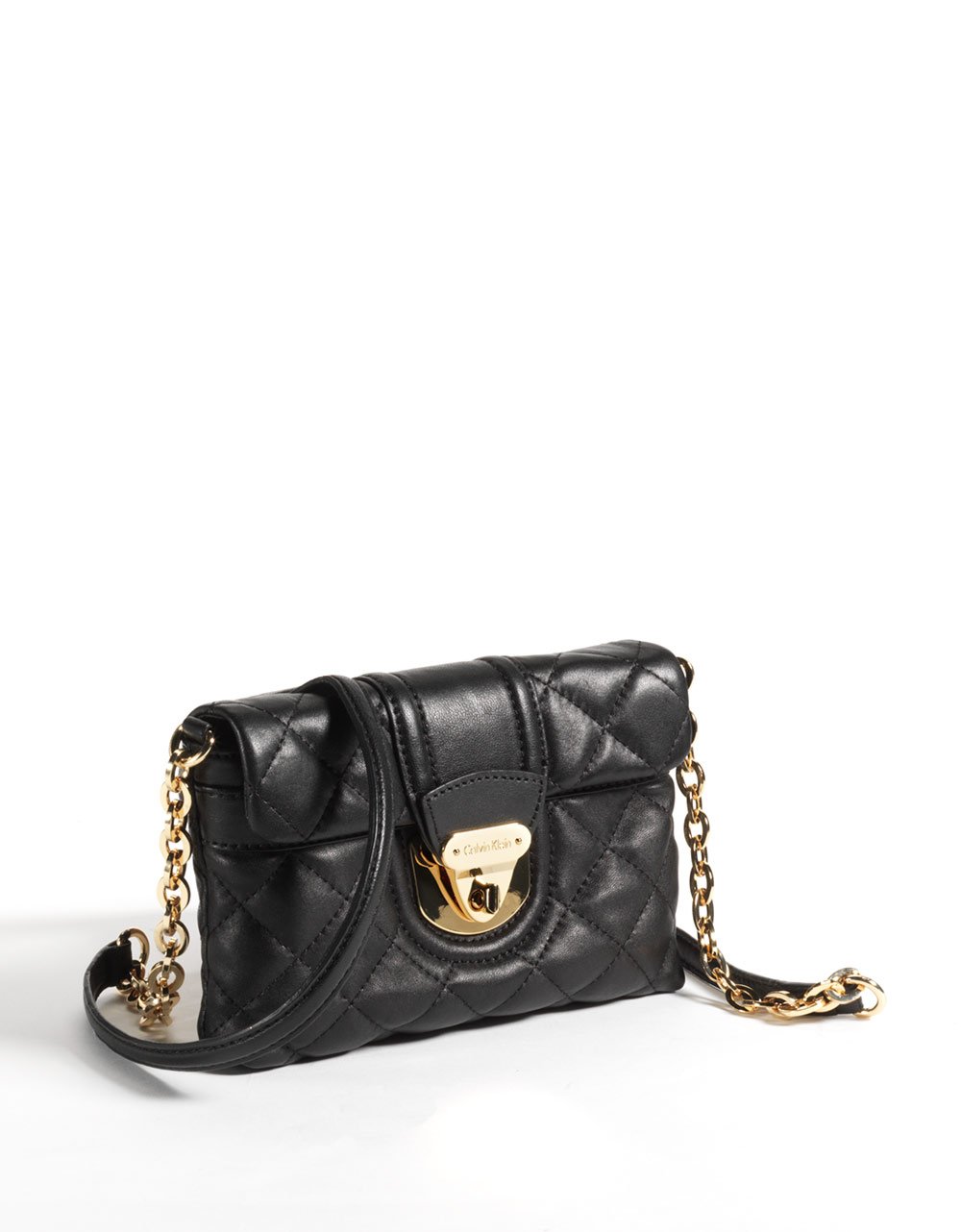 Calvin Klein Quilted Leather Crossbody Bag in Black (black w/ gold) | Lyst