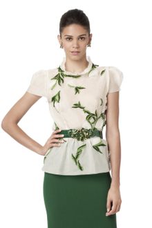 Oscar de la Renta Short Sleeve High Neck Embroidered Blouse - Lyst