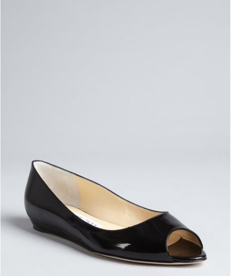 black leather peep toe flats