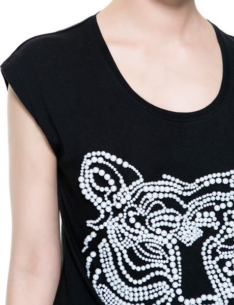 Zara Tiger and PearlsT-Shirt in Black | Lyst