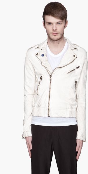 McQ by Alexander McQueen Off-white Washed Leather Hybrid Biker Jacket - Lyst