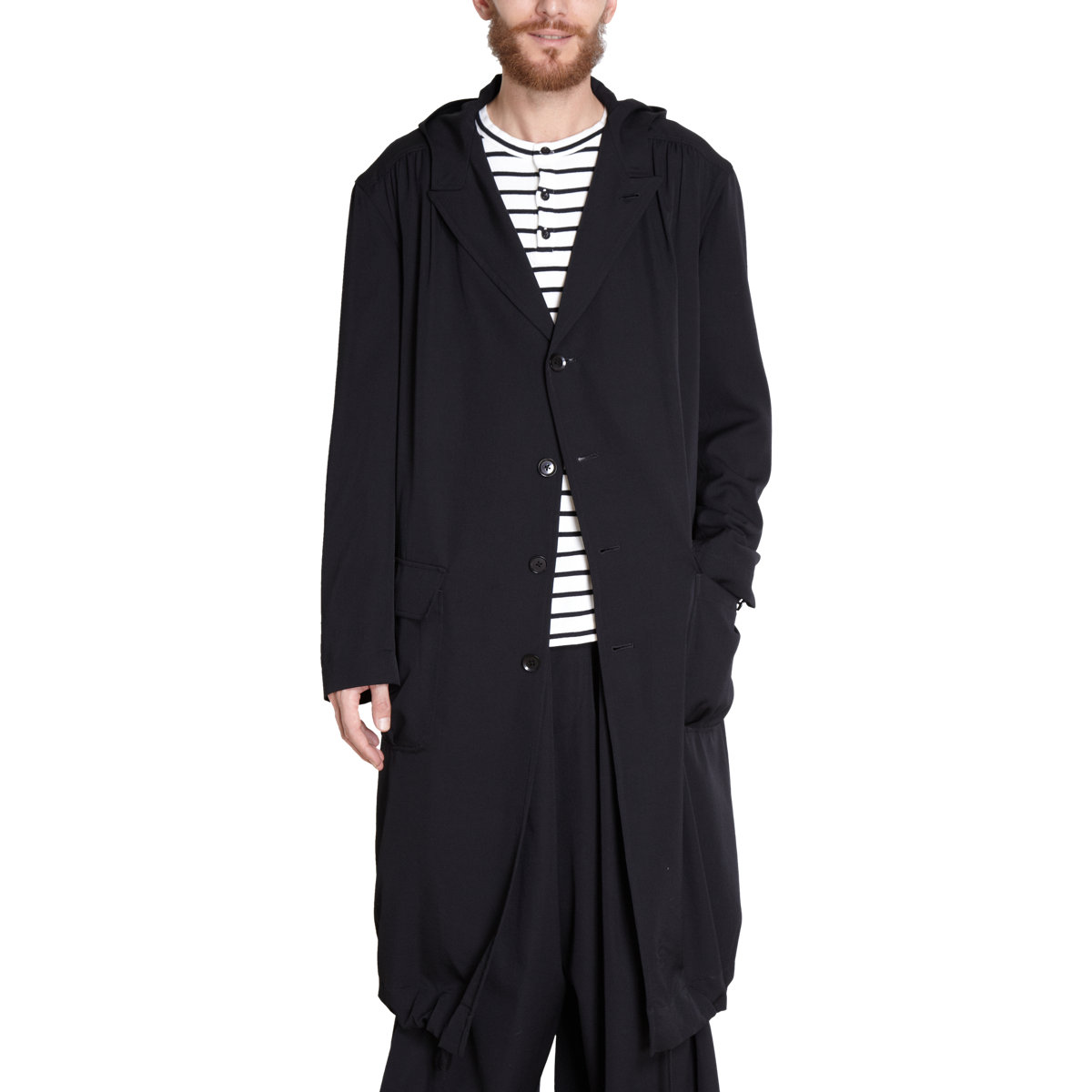 Yohji Yamamoto Hooded Ruched Back Coat in Black for Men | Lyst