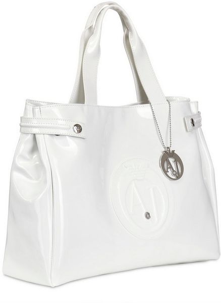Armani Jeans Large Embossed Logo Patent Vinyl Tote in White