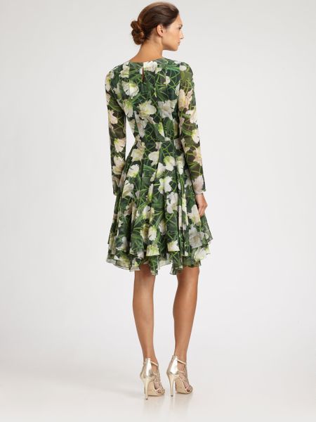Oscar De La Renta Floral Silk Dress in Green (evergreen) - Lyst
