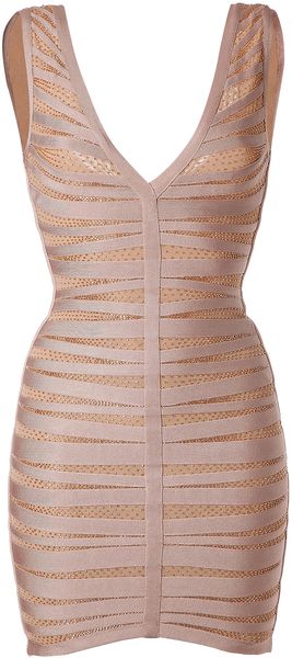 Hervé Léger Nude Embroidered Bandage Dress - Lyst