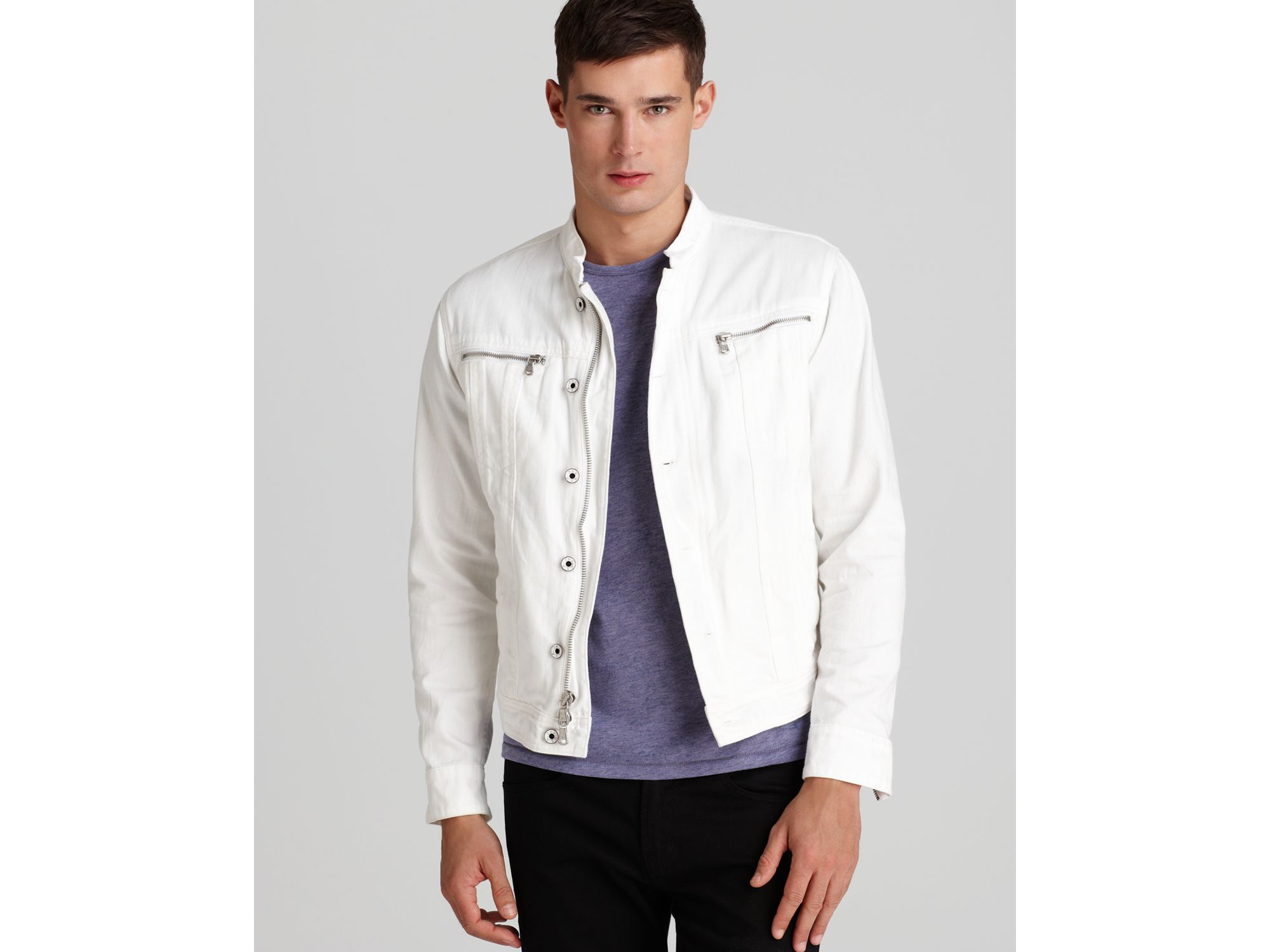 John Varvatos Usa Band Collar Denim Jacket in White for Men Lyst
