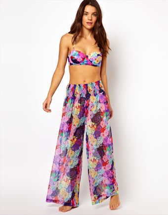 Asos Penelope Floral Print Wide Leg Beach Trousers - Lyst