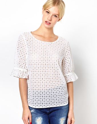 Boutique By Jaeger Broderie Anglais Frill Sleeve Top - Lyst