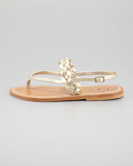 ... Braided Leather Slingback Flat Sandal Platinum in Gold (PLATINE