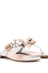 Miu Miu Metallic Leather Sandals with Embellished Bow